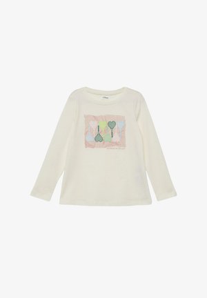 Kremowa koszula z długim rękawem z grafiką zielonych i niebieskich rakiet tenisowych na czerwonej siatce oraz napisem "WINNERS NEVER QUIT" poniżej.