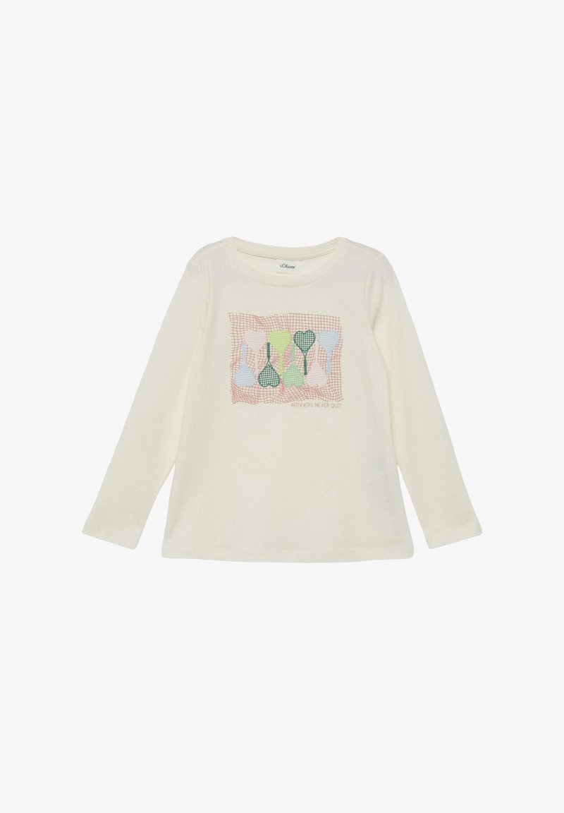 Chemise à manches longues crème avec un graphisme de raquettes de tennis vertes et bleues sur une grille rouge, avec le texte « LES GAGNANTS N'ABANDONNENT JAMAIS » en dessous.