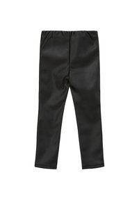Zwarte leggings van glad, glanzend materiaal met een elastische tailleband en geen zichtbare naden of patronen. Aangesloten ontwerp, volledige lengte dekking.