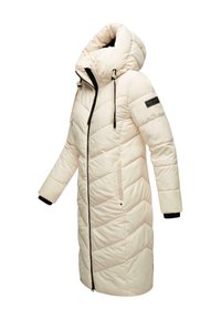 Long beige puffer coat with a chevron pattern, a high collar, adjustable hood with drawstrings, and black accents on cuffs and zipper.