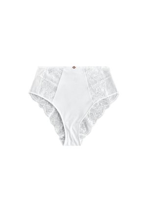Biancheria intima da donna bianca a vita alta con pannelli in pizzo e un piccolo bottone decorativo al centro della fascia frontale.