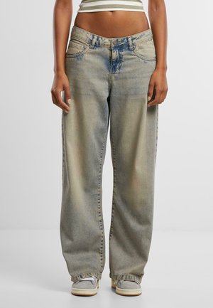 Lichtblauwe wijde jeans van denim, met een vervaagde was, vijf-pocket ontwerp en zichtbare stiksels langs de naden.