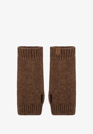 Guantes sin dedos de color marrón, tejidos, con puños acanalados y una pequeña etiqueta de cuero con marca. Textura suave y diseño cálido, ideales para condiciones frías.