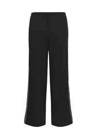 Zwarte wijde broek met elastische tailleband en witte strepen aan de zijkant, weergegeven op een witte achtergrond.