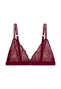 Bralette en dentelle bourgogne avec motifs floraux, bretelles doubles réglables et un petit charme en forme de V doré au centre du bandeau avant.