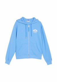 Sudadera con cremallera de color azul claro fabricada en una tela suave. Presenta un logo en la parte frontal, dos bolsillos laterales y puños y dobladillo acanalados.
