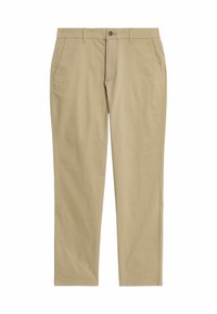 Khaki chinos van katoen. Rechtpijpen ontwerp met twee zijzakken en een frontknopsluiting. Glad textuur, klassieke snit.