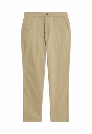 Khaki chinos vyrobené z bavlny. Rovné nohavice se dvěma bočními kapsami a předním zapínáním na knoflík. Hladký povrch, klasický střih.
