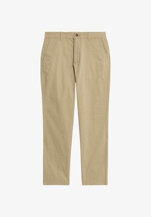 Khaki chinos made of cotton. Straight-leg design with two side pockets and a front button closure. Smooth texture, classic cut.
