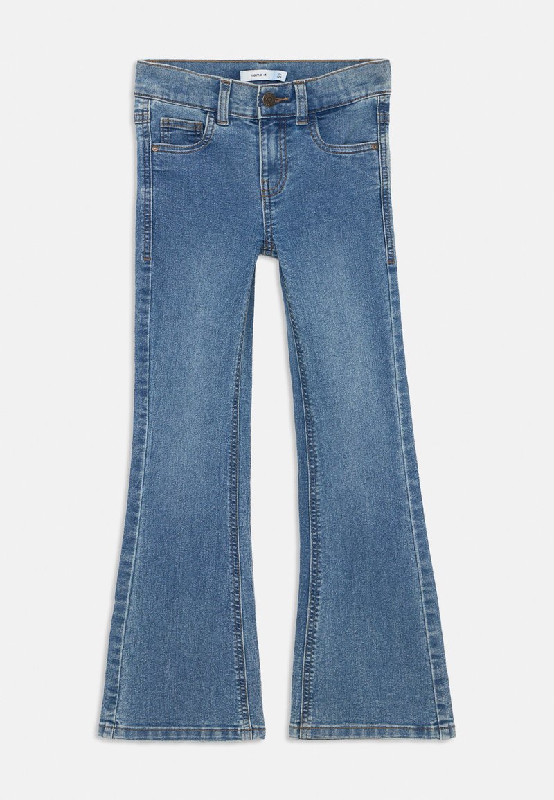 Jeans blu a zampa d'elefante in denim, con una vita con chiusura a bottone, quattro tasche e una finitura leggermente usurata.