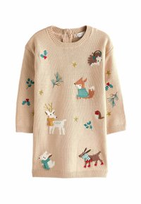 Strickpullover in hellem Beige mit bunten gestickten Tieren, darunter ein Fuchs, ein Reh und ein Kaninchen, sowie Akzenten aus Grünpflanzen und Sternen.