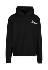Schwarzer Hoodie aus weichem Stoff mit einer vorderen Kängurutasche, gerippten Bündchen und einem kleinen weißen Logo "Snowbear" auf der Brust.