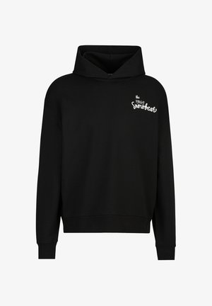 Schwarzer Hoodie aus weichem Stoff mit einer vorderen Kängurutasche, gerippten Bündchen und einem kleinen weißen Logo "Snowbear" auf der Brust.