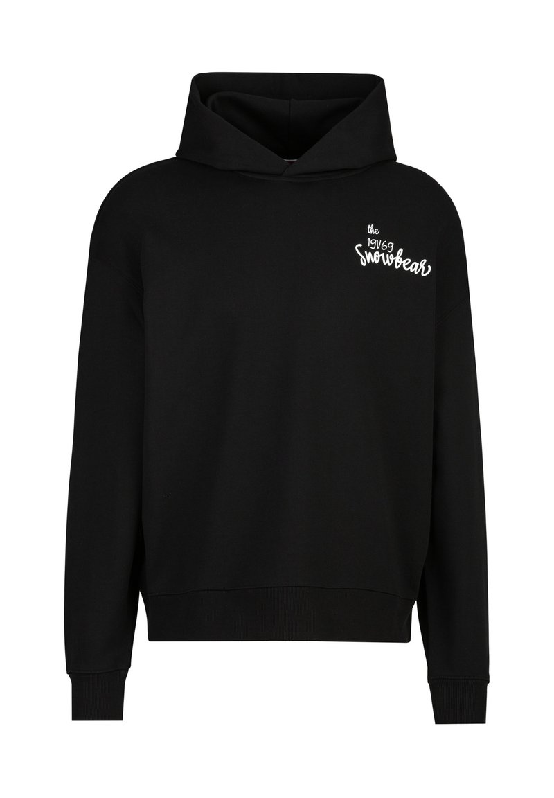 Schwarzer Hoodie aus weichem Stoff mit einer vorderen Kängurutasche, gerippten Bündchen und einem kleinen weißen Logo "Snowbear" auf der Brust.