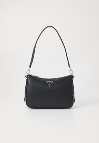 Black synthetic handbag with a rounded shape, featuring a front logo plate, zip closure, and a single shoulder strap. Silver-tone hardware accents.