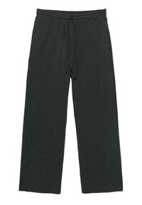 Sötétszürke kötött, bőszárú nadrág, elasztikus derékkal és zsinórral, laza és kényelmes stílus.
