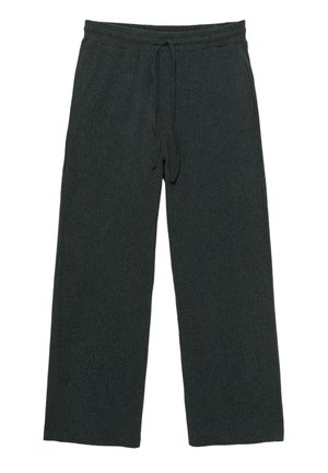 Ciemnoszare dzianinowe spodnie szerokie z elastycznym pasem i troczkiem, w casualowym i wygodnym stylu.