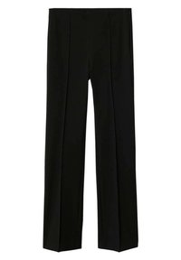 Black tailored trousers with a straight-leg design, featuring two front pleats, side pockets, and a smooth texture.