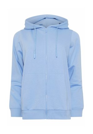 Felpa con cappuccio azzurro chiaro con cerniera, cappuccio con coulisse, tasche frontali e polsini e orlo a coste, mostrata su sfondo bianco.