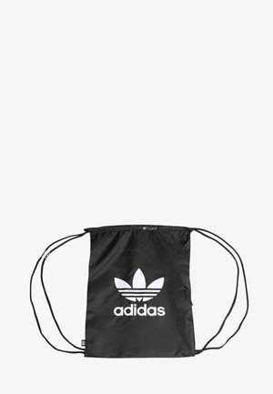 Sac à dos noir Adidas avec cordon de serrage, logo trèfle blanc et texte "adidas" centré à l'avant.