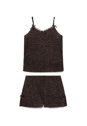Canotta da donna a righe marrone e nero con pantaloncini abbinati, decorata con pizzo e piccoli fiocchi neri su sfondo bianco.