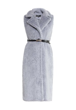 Grau gefütterte ärmellose Jacke aus Kunstpelz mit Schalkragen, mit einem schwarzen Lederband gegürtet, verfügt über eine weiche, strukturierte Oberfläche und ist knielang.