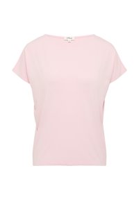 Rosa T-Shirt mit kurzen Ärmeln aus weichem Stoff, mit lockerer Passform und rundem Ausschnitt. Glatte Textur ohne Muster oder Verzierungen.