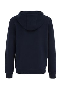 Granatowa bluza z kapturem, mieszanka bawełniana, posiada kaptur, długie rękawy, ściągacze przy mankietach i w pasie, jednolity kolor, minimalistyczny design bez wzorów.