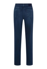 Pantaloni in denim blu scuro con design a gamba dritta, dotati di due tasche posteriori e dettagli di cucitura discreti. Texture liscia e taglio classico.