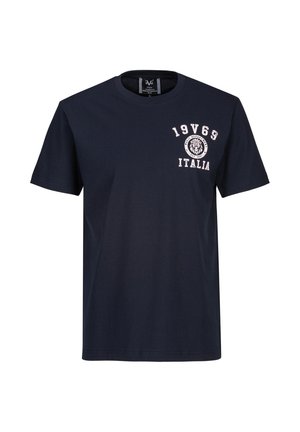 Marineblaue T-Shirt mit kurzen Ärmeln und Rundhalsausschnitt, mit weißem "19V69 Italia" Schriftzug und einem Löwenlogo auf der linken Brust.