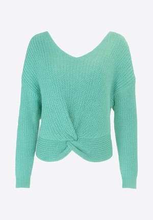 suéter de punto verde menta con escote en V, mangas largas y detalle frontal torcido, con tejido texturizado y ajuste holgado.