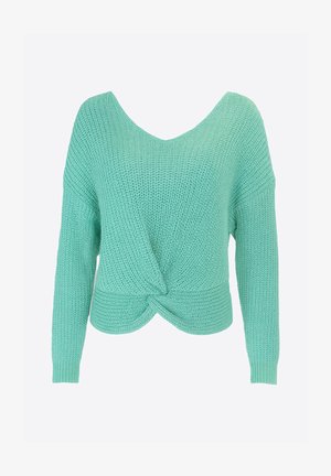 minzgrüner, gestrickter Pullover mit V-Ausschnitt, langen Ärmeln und verdrehtem Vorderteil, mit strukturierter Stoffoberfläche und lockerem Schnitt.