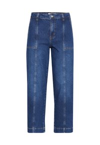 Jeans i en mörkblå nyans med raka ben, med knappstängning, framfickor, kontrasterande gula sömmar och cropped längd.