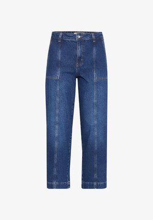 Jeans i en mörkblå nyans med raka ben, med knappstängning, framfickor, kontrasterande gula sömmar och cropped längd.