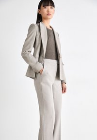 Lys grå skreddersydd blazer med spisse lapels, båret over en brun strikket topp, kombinert med høyt liv lys grå bukser. Glatt tekstur.