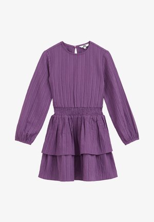Lila strukturiertes langärmeliges Kleid mit elastischem Taillenbund, gestuftem Rock, rundem Ausschnitt und Knopfverschluss auf der Rückseite.