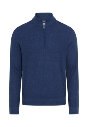 Marineblauwe lange mouw gebreide trui met een quarter-zip hoge kraag en geribbelde manchetten en zoom.