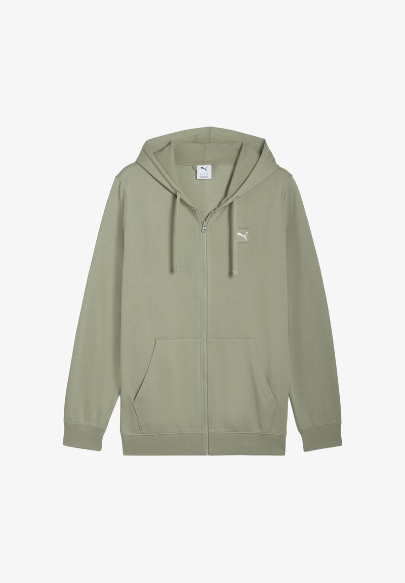 Felpa con zip verde realizzata in tessuto morbido, dotata di tasca a marsupio, cappuccio regolabile e un piccolo logo sul petto.