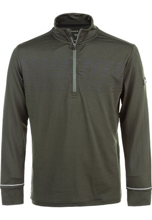 Chemise à manches longues, à col zippé en tissu vert foncé. Présente un motif texturé horizontal sur la poitrine et des accents blancs sur les manches.