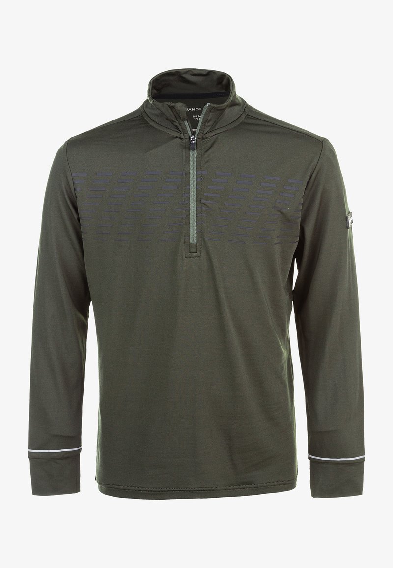 Pitkähiha, vetoketjukauluspaita tummanvihreästä kankaasta. Siinä on teksturoitu vaakasuuntainen kuvio rinnan alueella ja valkoiset yksityiskohdat hihoissa.