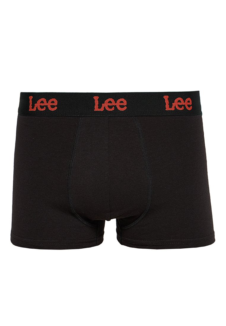 Boxers pour hommes noirs avec une ceinture élastique noire présentant le logo "Lee" en rouge répété trois fois.