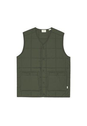 Veste sans manches matelassée vert foncé avec col en V, boutons-pression à l'avant et deux grandes poches avant avec rabats.