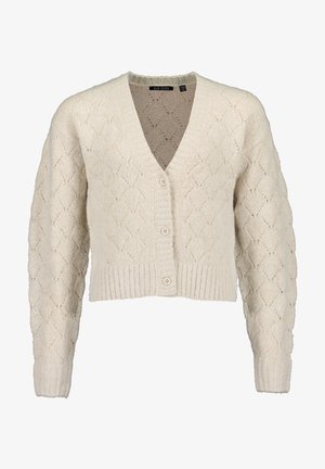 Cardigan en maille crème avec motif losange, col en V, poignets et ourlet côtelés, et trois boutons à l'avant.