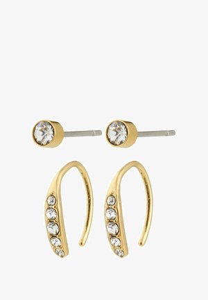 Boucles d'oreilles en métal doré avec un clou rond orné d'un cristal transparent et d'un design incurvé décoré de cinq petites pierres claires.