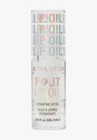 Contenitore cilindrico trasparente con testo iridescente che legge "POUT LIP OIL" e una base argentata. Contiene un olio per labbra traslucido e scintillante. 4,6 ml.