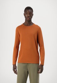 Langarmshirt mit Rundhalsausschnitt aus burnt orange Strickstoff. Verfügt über eine glatte Textur und einen Standard-Schnitt, kombiniert mit hellgrünen Hosen.