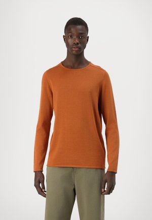 Langarmshirt mit Rundhalsausschnitt aus burnt orange Strickstoff. Verfügt über eine glatte Textur und einen Standard-Schnitt, kombiniert mit hellgrünen Hosen.