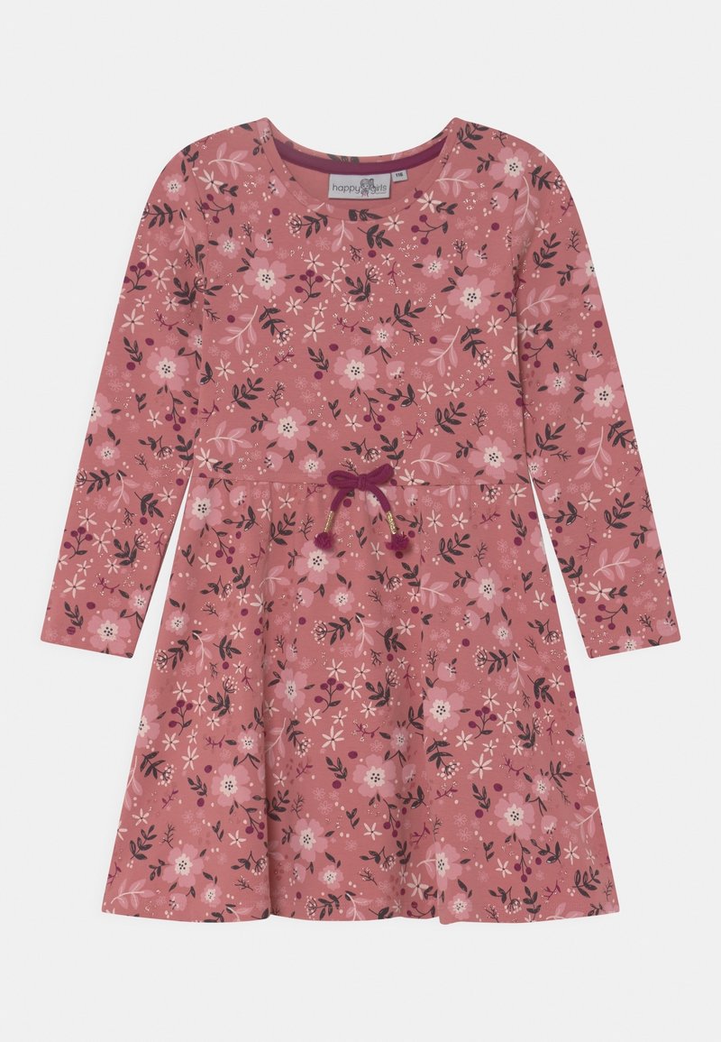 Long-sleeve dress in pink fabric featuring a floral pattern, round neck, and an adjustable waist tie. Material appears soft with slight texture.