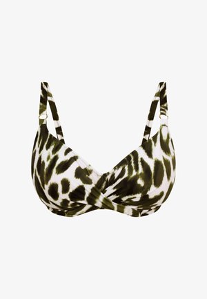 Beha met groen en witte dierenprint, zachte stof, verstelbare bandjes, driehoekige cups en een twisted frontdesign. Accenten van goudkleurig metaal.