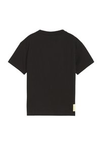 Schwarzes T-Shirt mit kurzen Ärmeln und Rundhalsausschnitt, schlichte Rückseite und kleines helles Etikett auf der unteren rechten Seite.